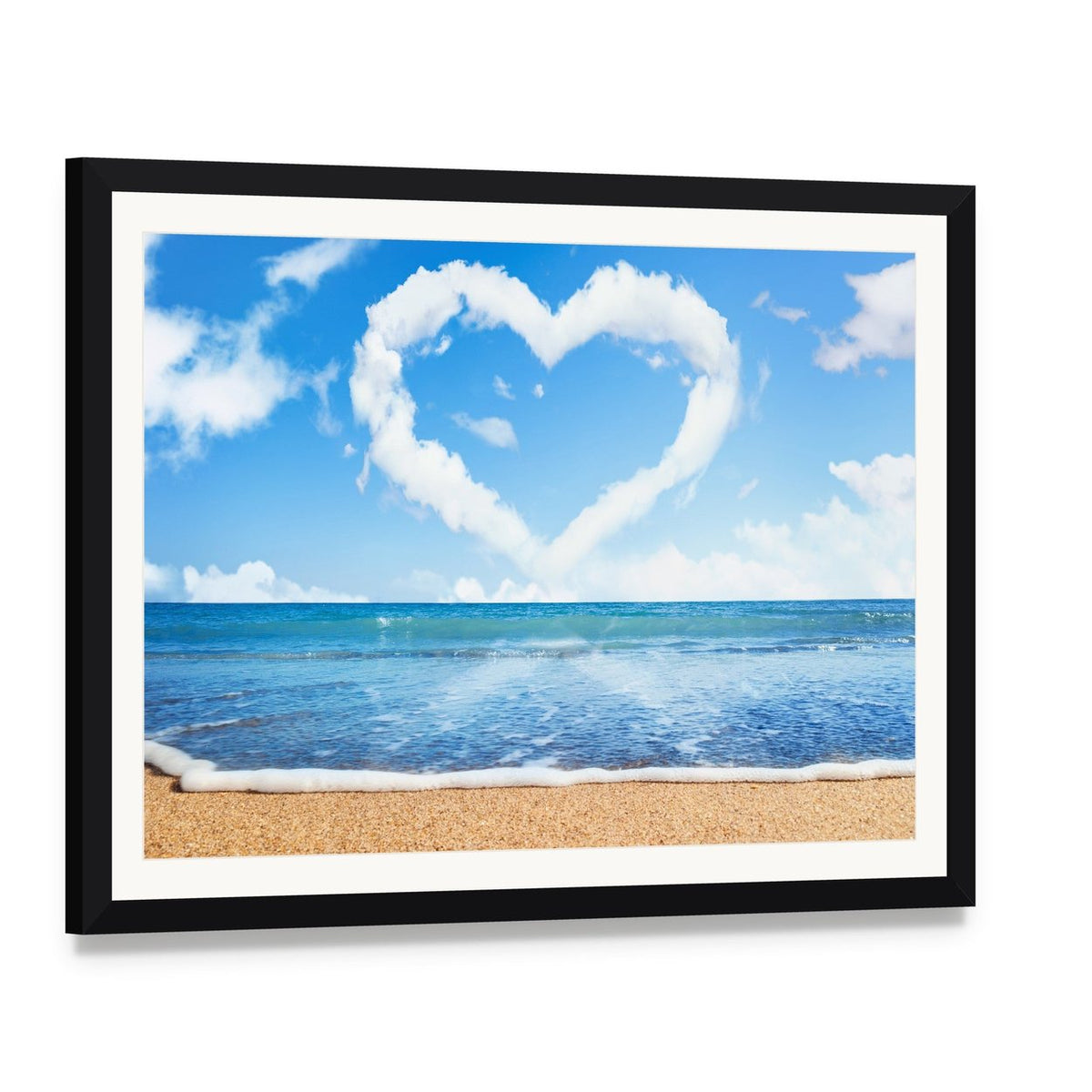 Heart of Clouds on Beach Canvas Wall Art, framed print with white mat and black frame, angled product view