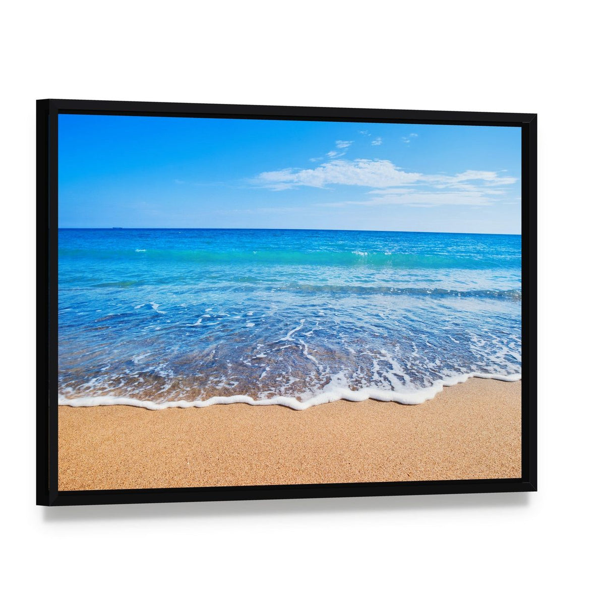 Beautiful Beach and Sea Canvas Wall Art, framed canvas in a black floater frame, angled product view