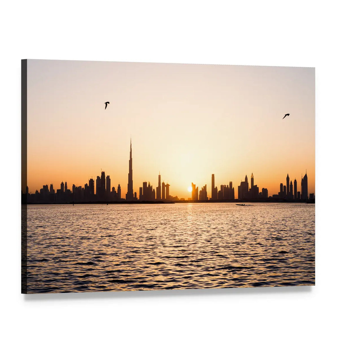 Dubai Skyline with Burj Khalifa at Sunset Canvas Wall Art, single panel gallery wrapped canvas, angled product view