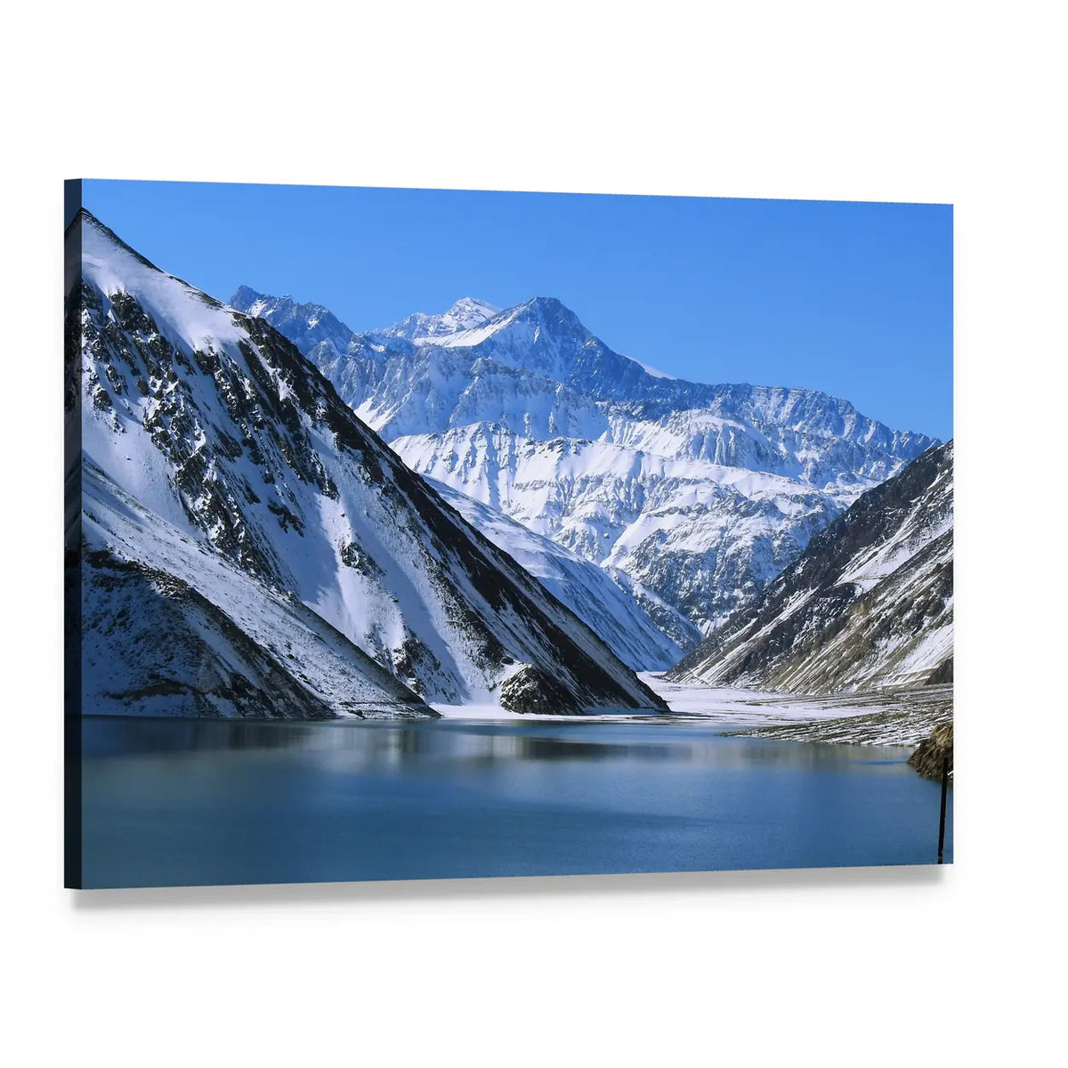 Snow-capped Mountains Above Alpine Lake Canvas Wall Art, single panel gallery wrapped canvas, angled product view
