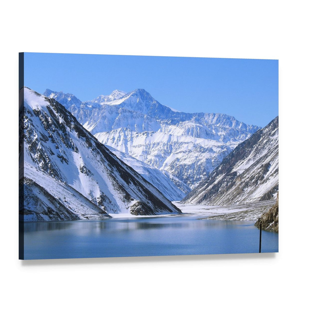 Snow-capped Mountains Over Lake Canvas Wall Art, single panel gallery wrapped canvas, angled product view