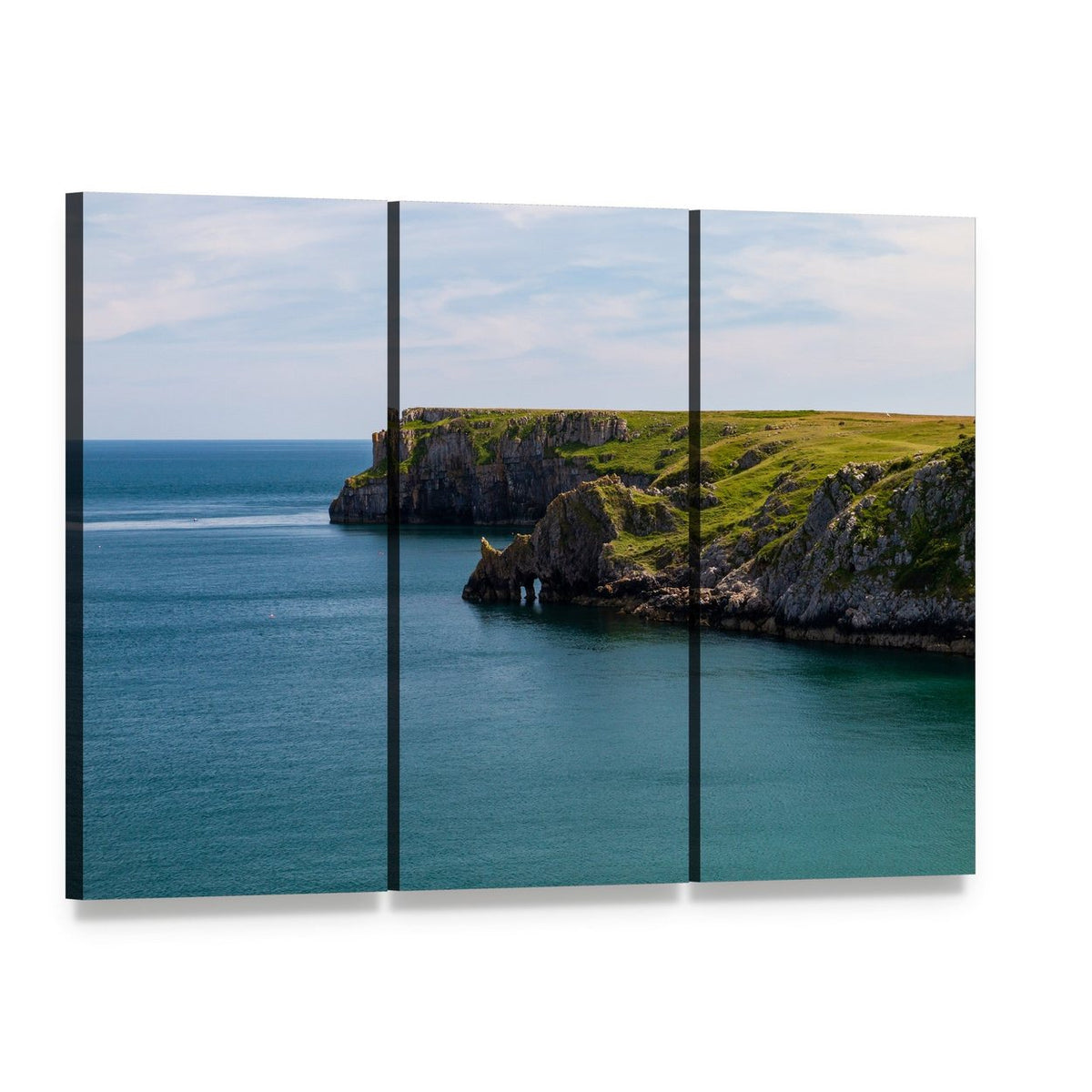 Welsh Coastline at Stackpole and Barafundle Bay Canvas Wall Art, 3 panel 3 Horizontal layout gallery wrapped canvas set, angled product view