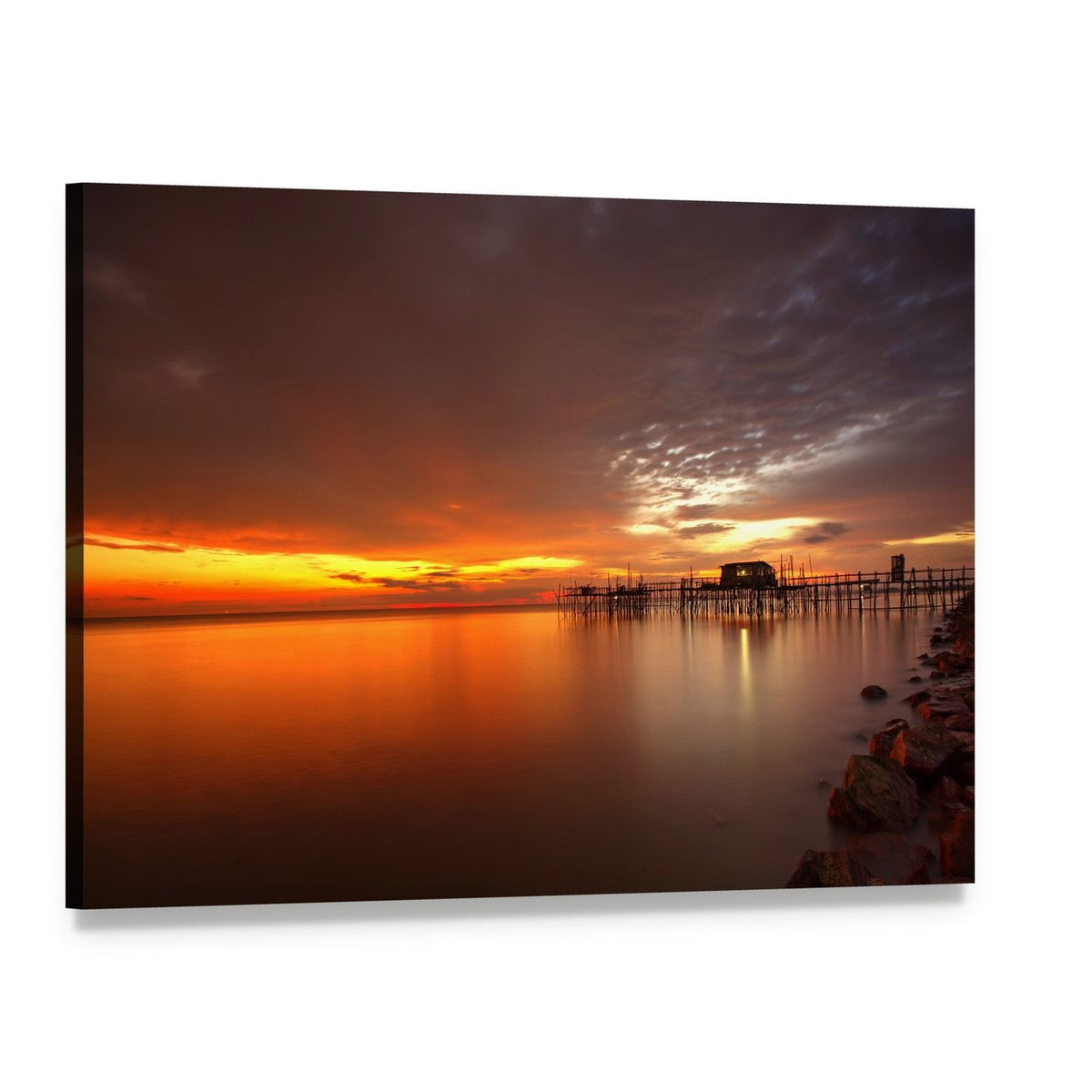Burning Orange Sunset Over Ocean Pier Canvas Wall Art, single panel gallery wrapped canvas, angled product view
