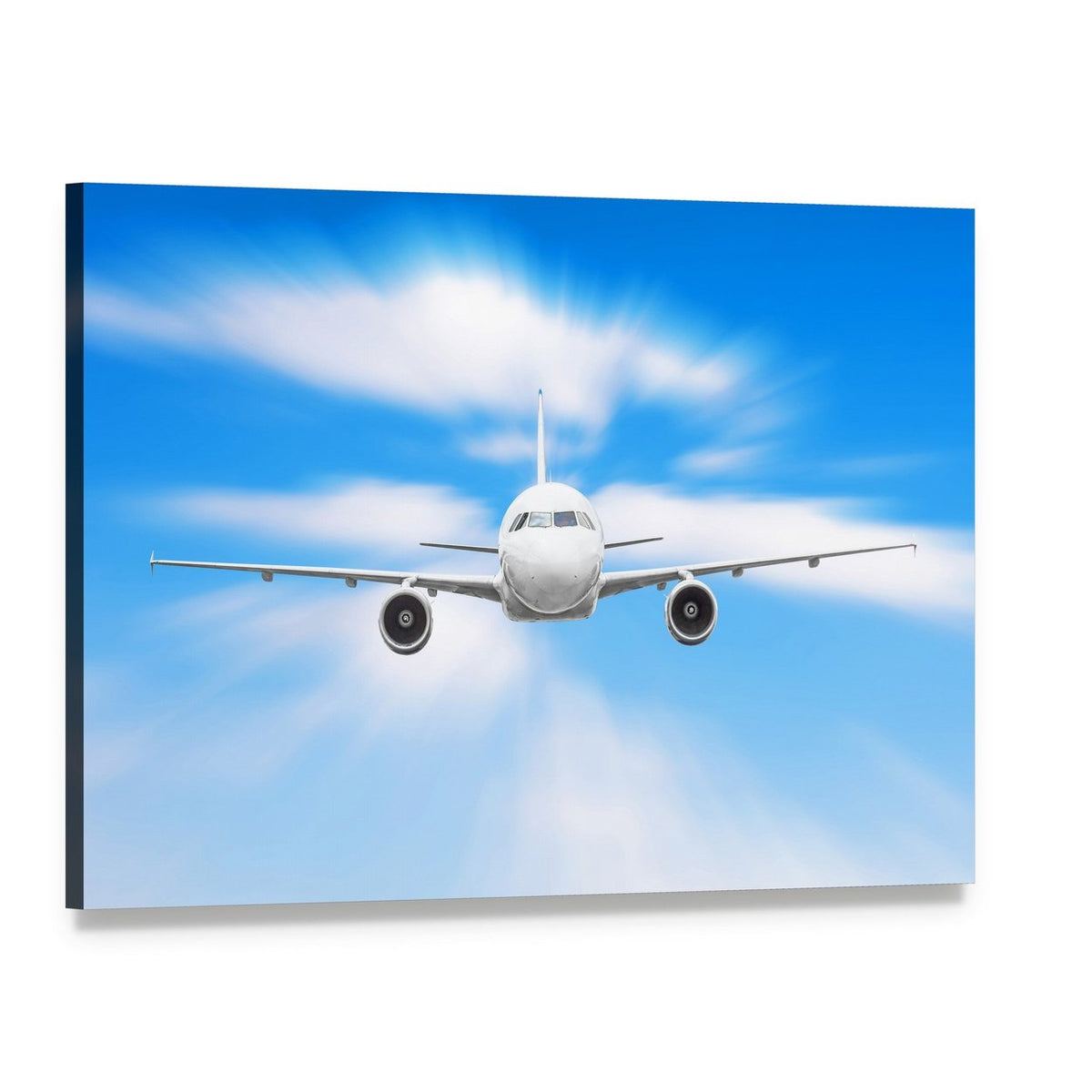 High-speed Airplane Over Sunlit Clouds Canvas Wall Art, single panel gallery wrapped canvas, angled product view