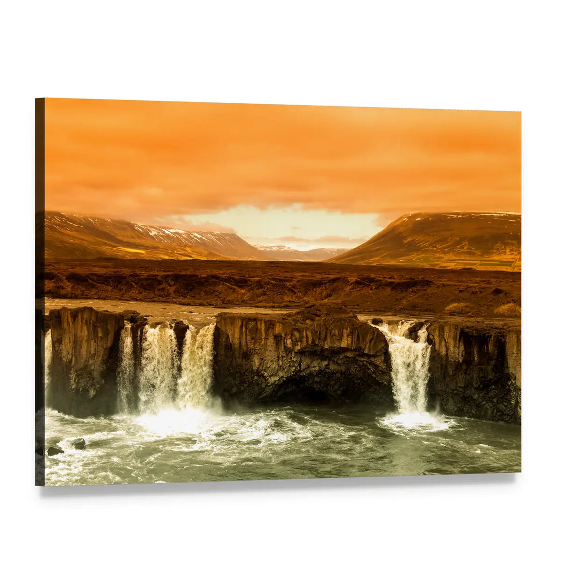 Godafoss Twin Falls at Sunset Canvas Wall Art, single panel gallery wrapped canvas, angled product view