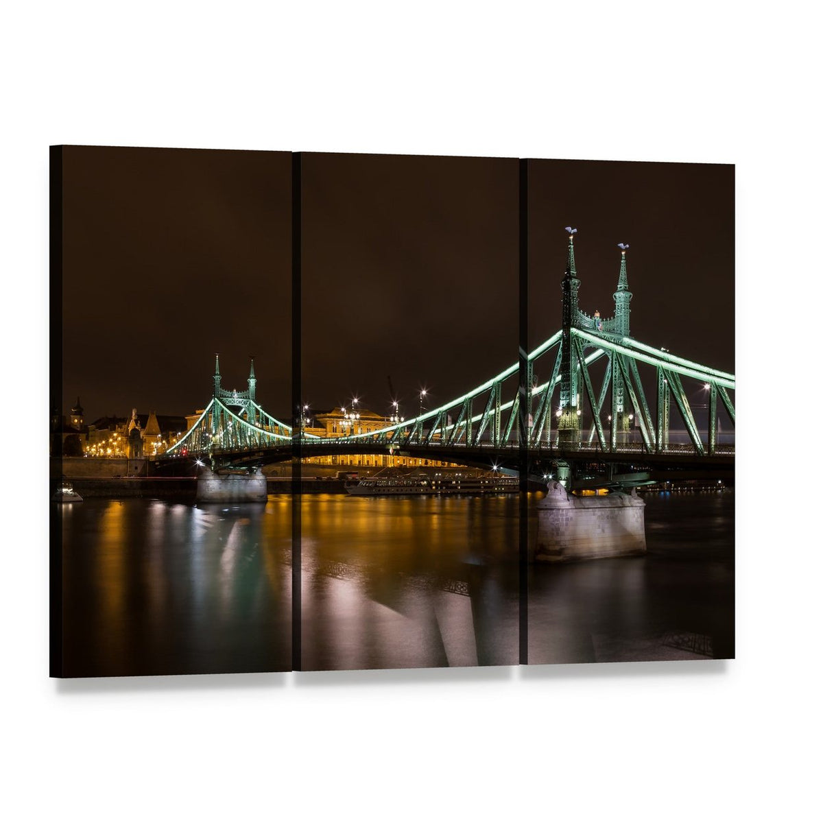 Liberty Bridge in Budapest Canvas Wall Art, 3 panel 3 Horizontal layout gallery wrapped canvas set, angled product view