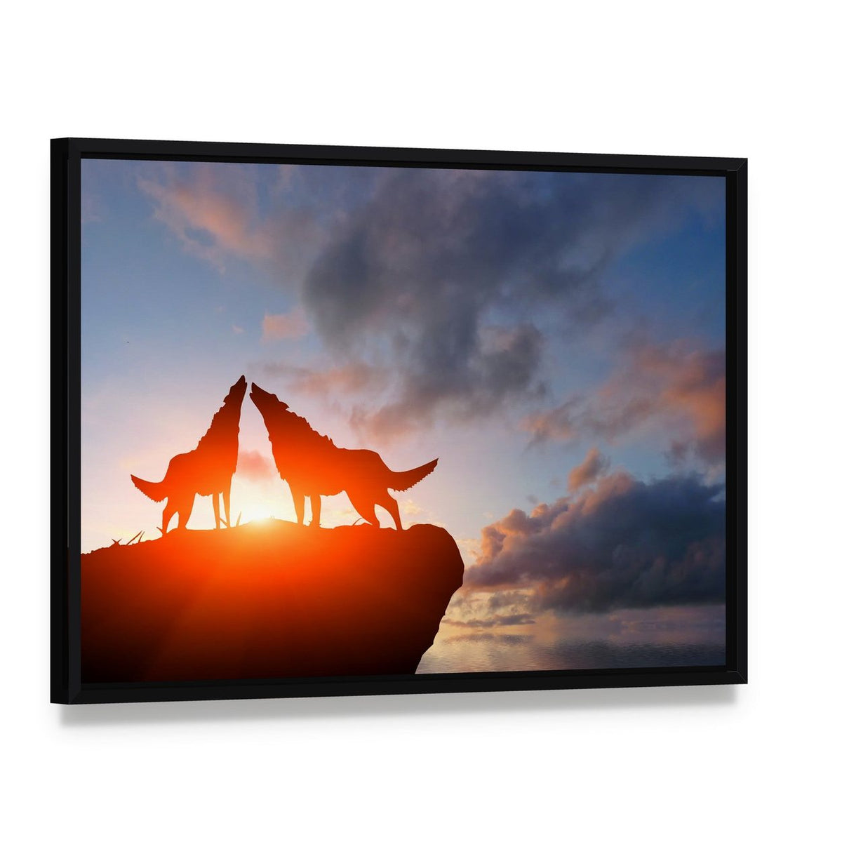 Two Wolves Howling at Sunset Canvas Wall Art, framed canvas in a black floater frame, angled product view
