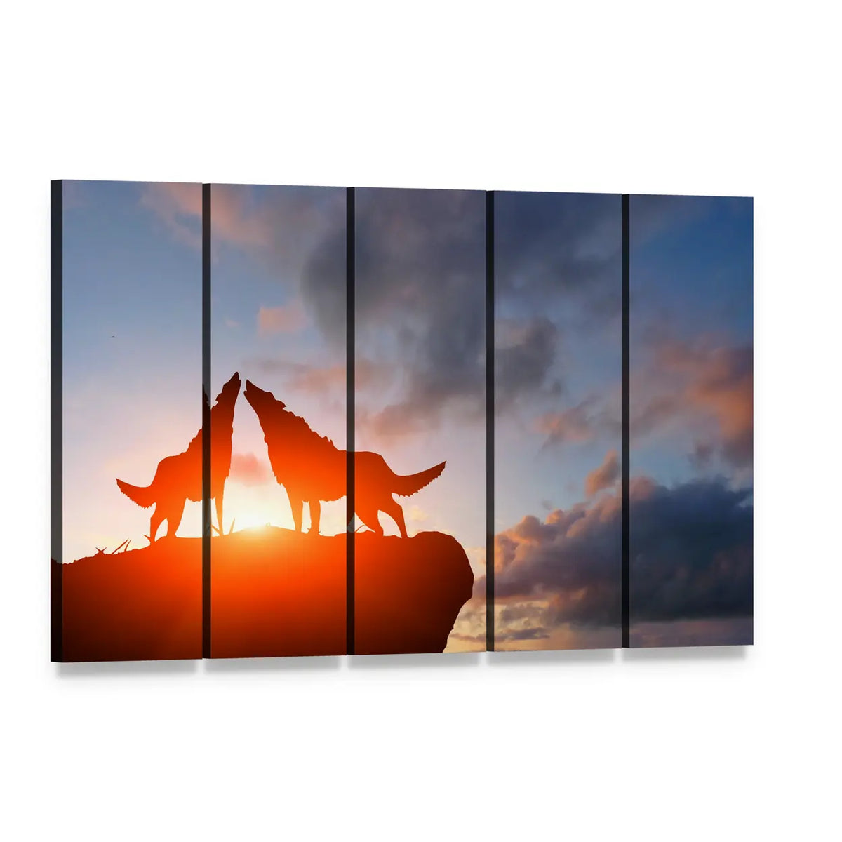 Two Wolves Howling on a Cliff at Sunset Canvas Wall Art, 5 panel 5 Horizontal layout gallery wrapped canvas set, angled product view