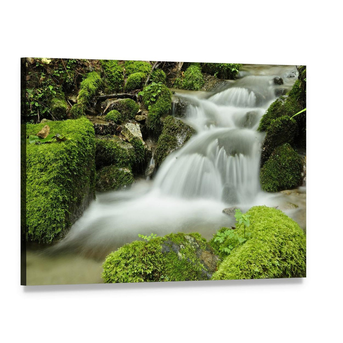 Long Exposure Waterfall Over Mossy Rocks Canvas Wall Art, single panel gallery wrapped canvas, angled product view