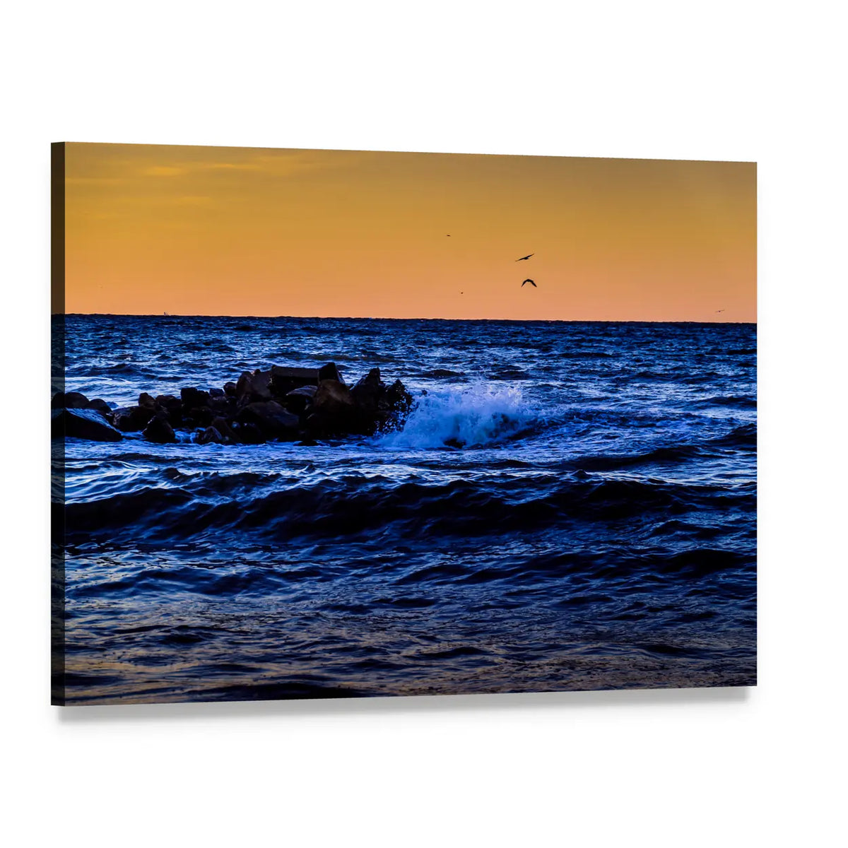 Blue Ocean Waves at Sunset Canvas Wall Art, single panel gallery wrapped canvas, angled product view