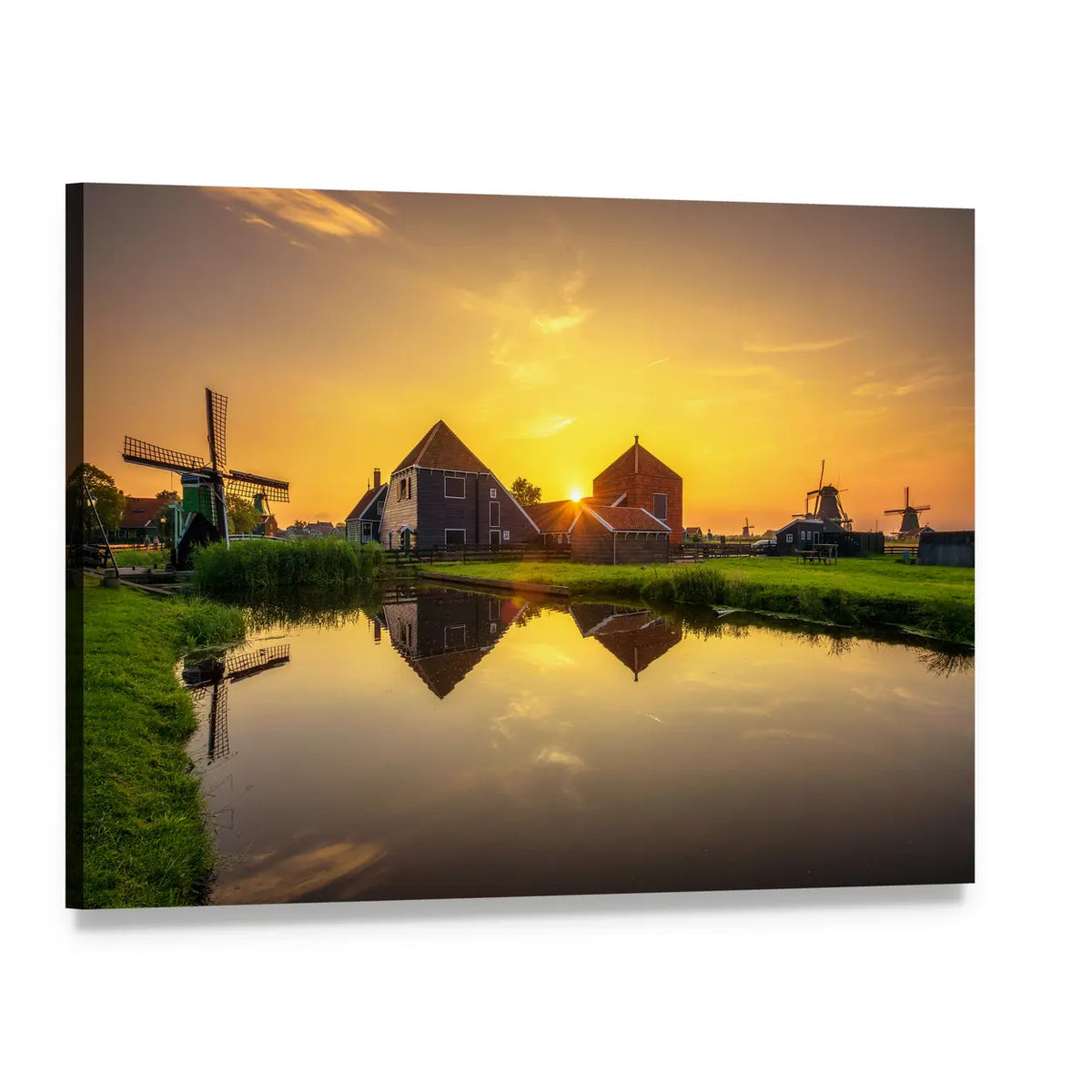 Golden Hour Over Dutch Windmills and Farmhouses Canvas Wall Art, single panel gallery wrapped canvas, angled product view