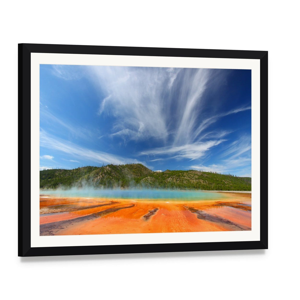 Vivid Colors of Grand Prismatic Spring Canvas Wall Art, framed print with white mat and black frame, angled product view