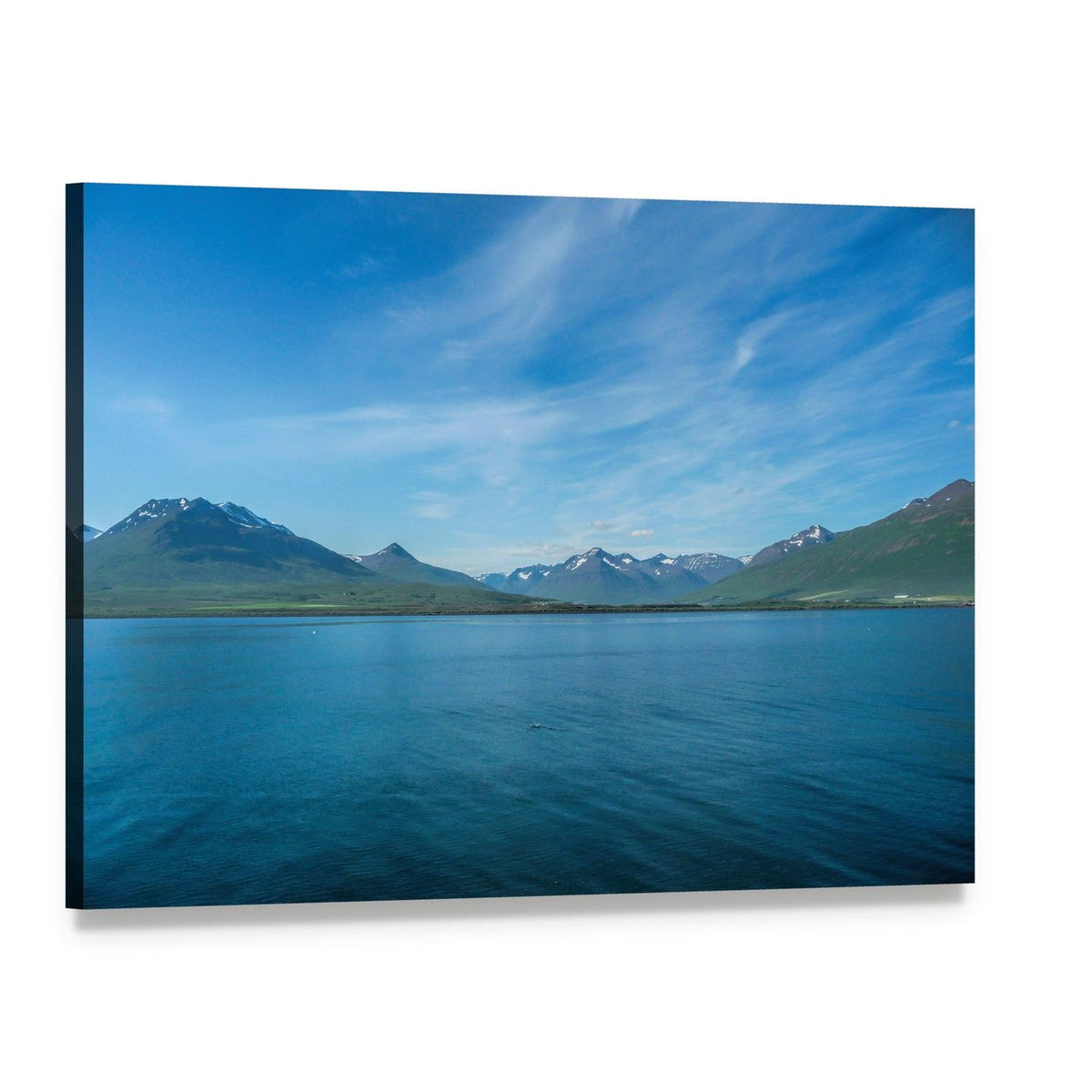 Dalvik Fjord with Snow-capped Mountains Canvas Wall Art, single panel gallery wrapped canvas, angled product view