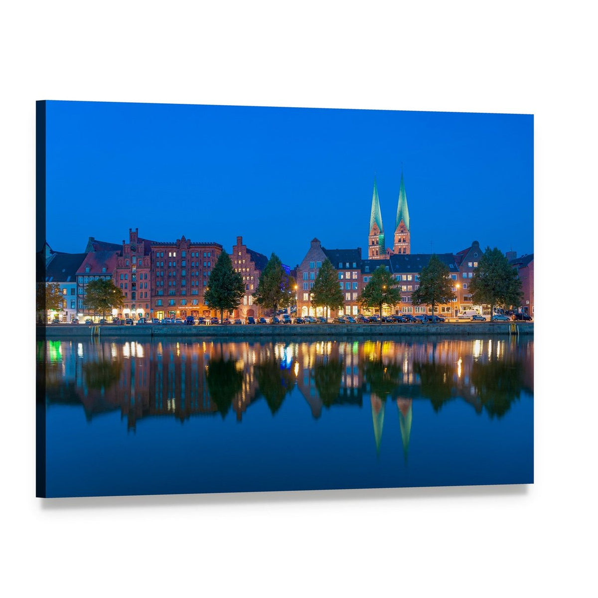 Twin-spired Church Over River Reflections Canvas Wall Art, single panel gallery wrapped canvas, angled product view
