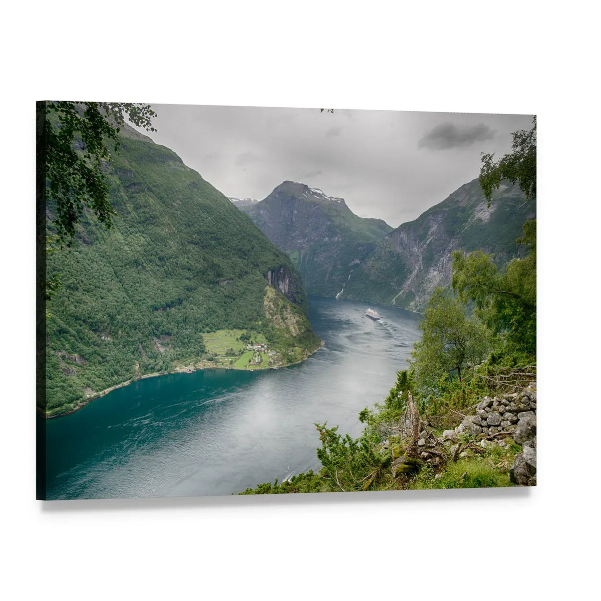 Geirangerfjord Norway Valley View Canvas Wall Art, single panel gallery wrapped canvas, angled product view