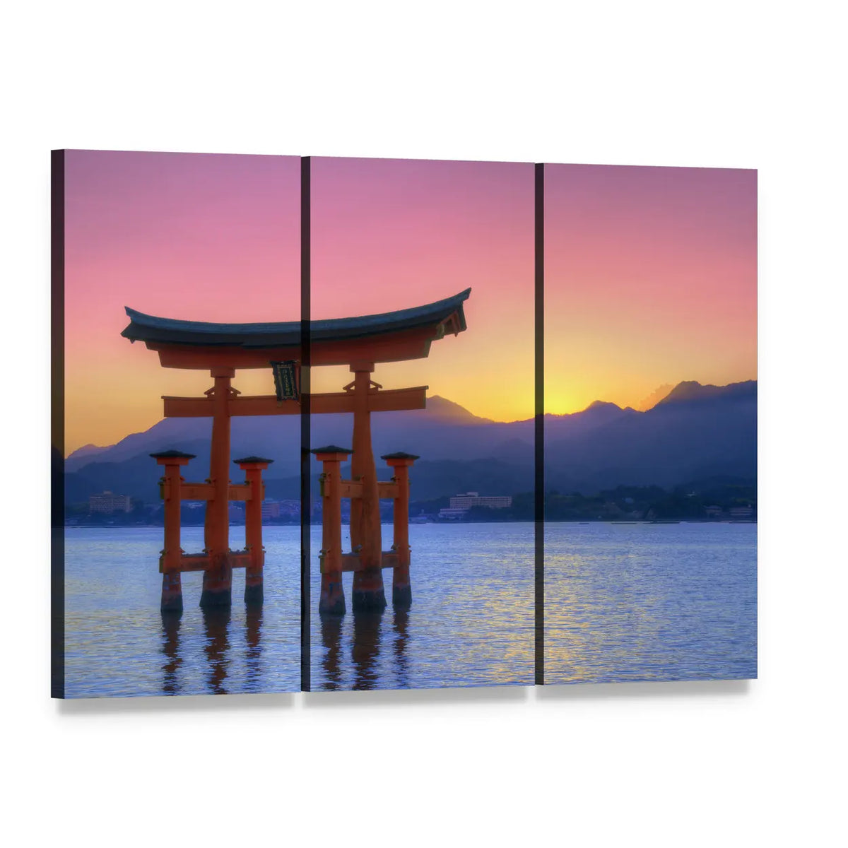 Floating Torii Gate Canvas Wall Art, 3 panel 3 Horizontal layout gallery wrapped canvas set, angled product view