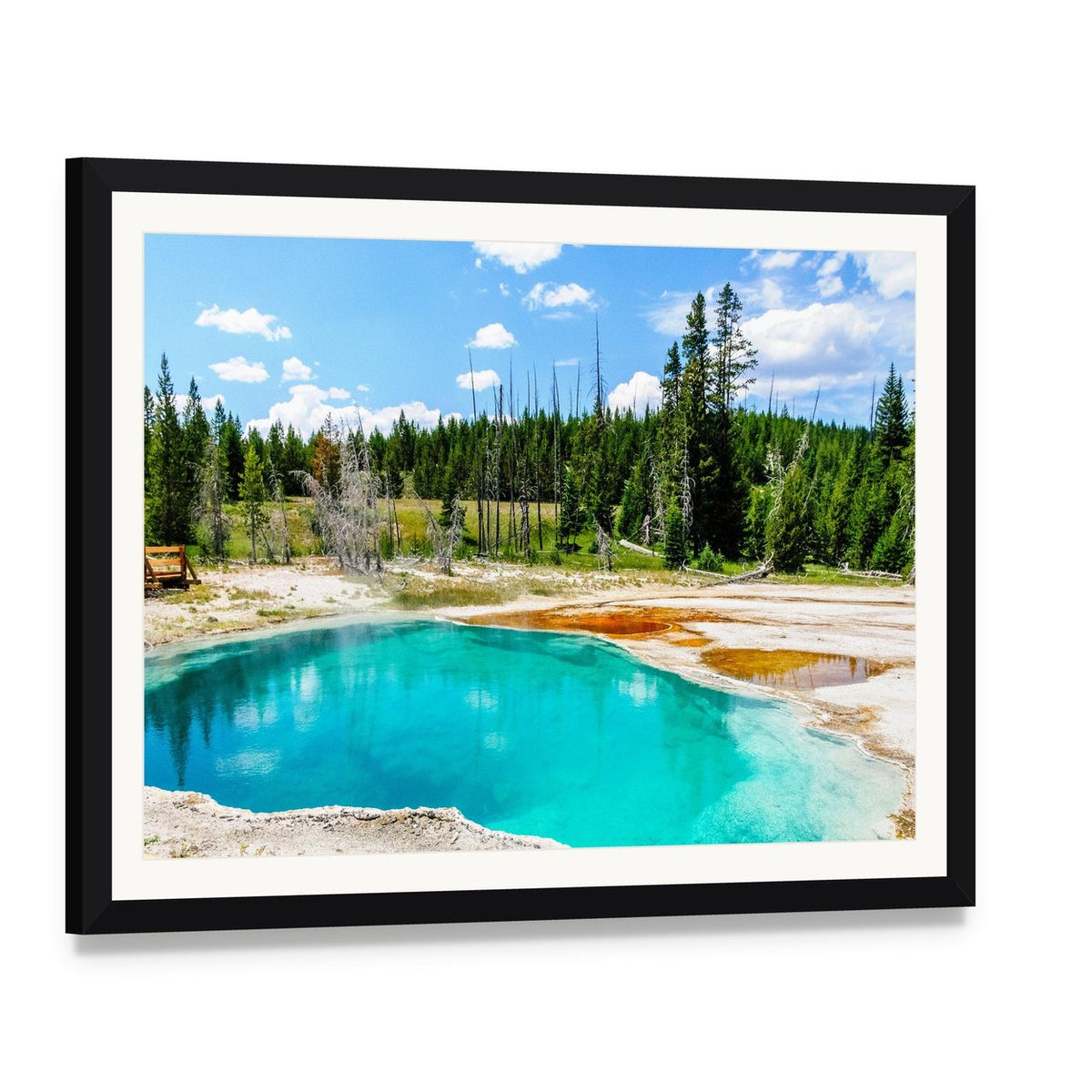Yellowstone Turquoise Hot Spring Canvas Wall Art, framed print with white mat and black frame, angled product view