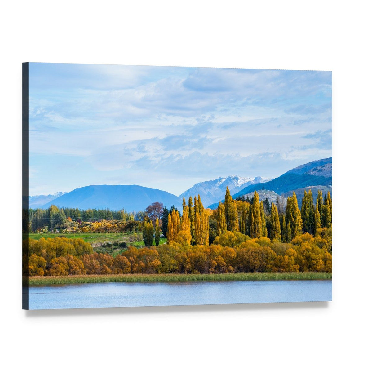Autumn Trees by the Lake Canvas Wall Art, single panel gallery wrapped canvas, angled product view