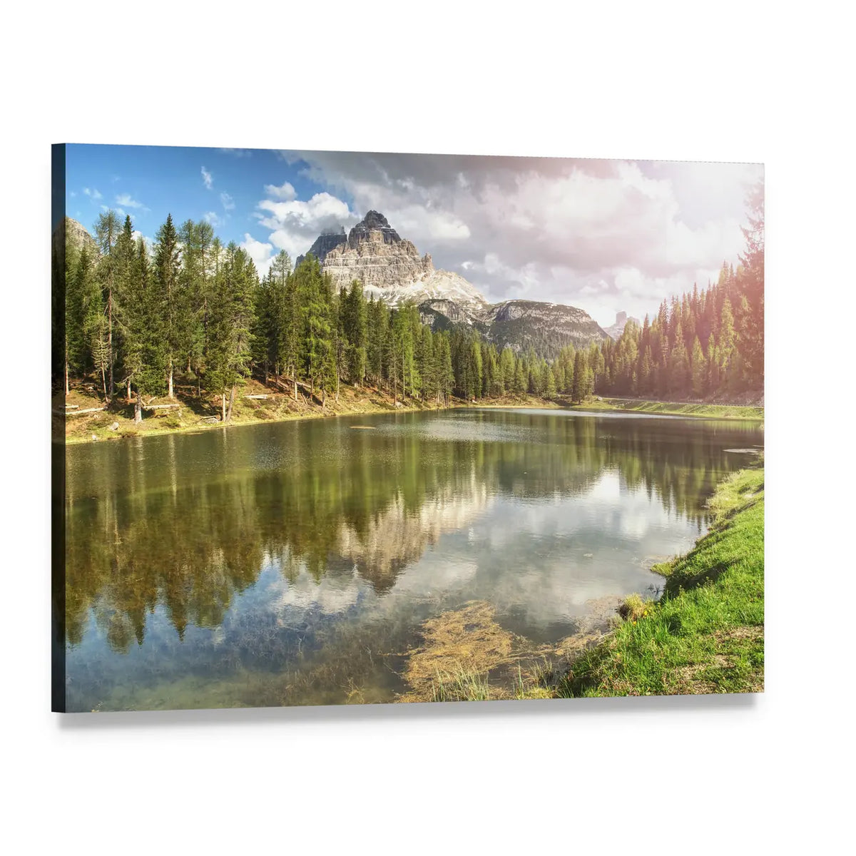 Calm Blue Lake and Mountains Canvas Wall Art, single panel gallery wrapped canvas, angled product view
