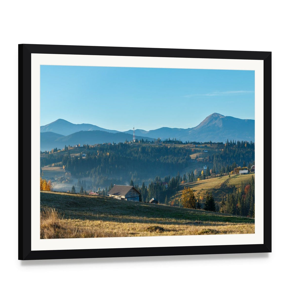 Morning in the Carpathian Mountains Canvas Wall Art, framed print with white mat and black frame, angled product view