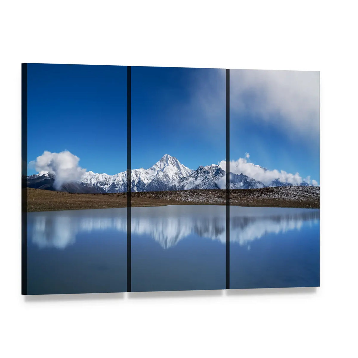 Plateau Lakes and Snowy Mountains Canvas Wall Art, 3 panel 3 Horizontal layout gallery wrapped canvas set, angled product view