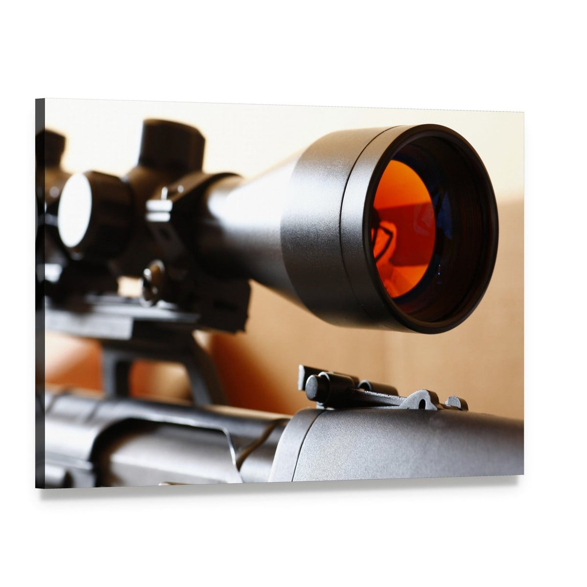 Sniper Rifle Scope Canvas Wall Art, single panel gallery wrapped canvas, angled product view