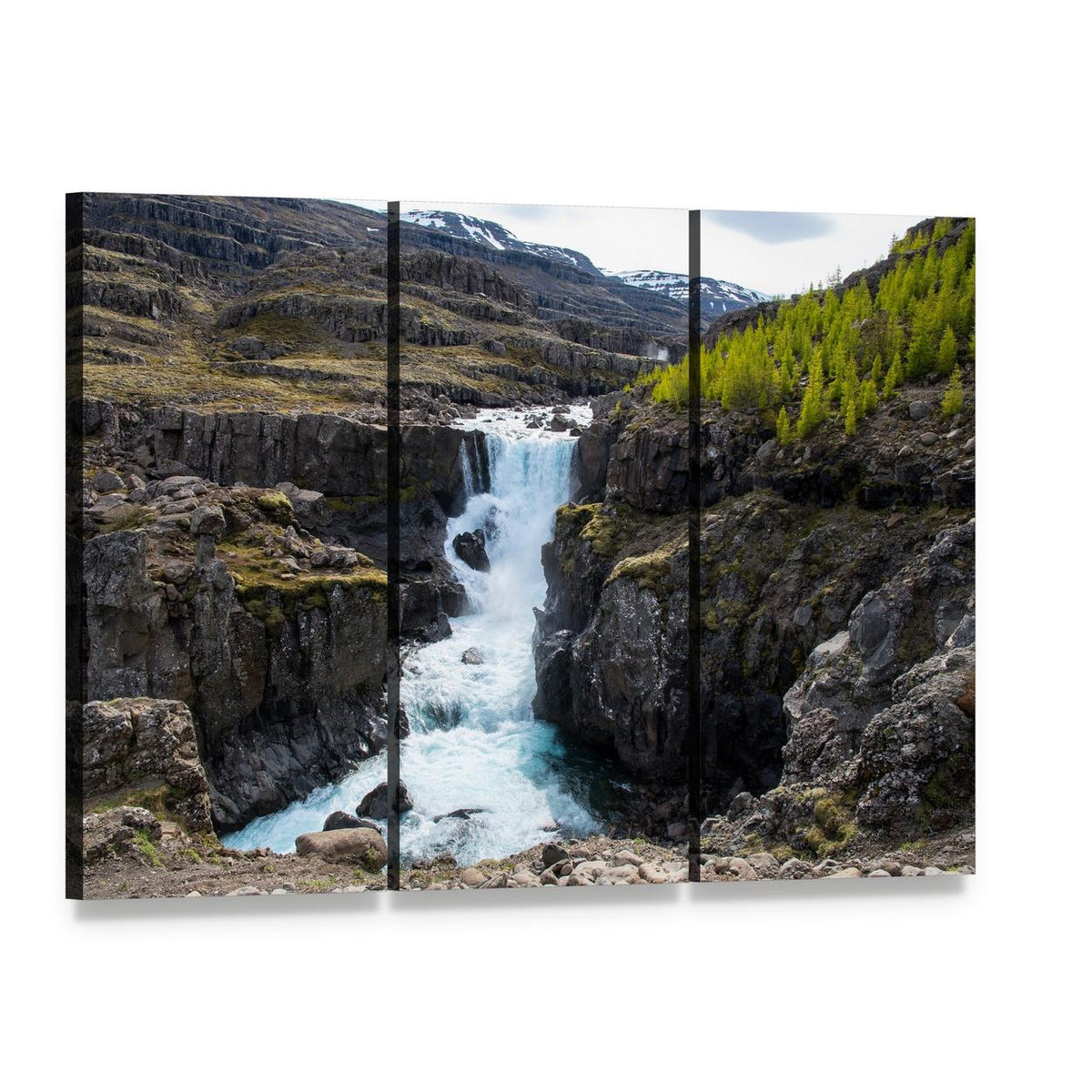 Waterfall in Fossa River Canvas Wall Art, 3 panel 3 Horizontal layout gallery wrapped canvas set, angled product view