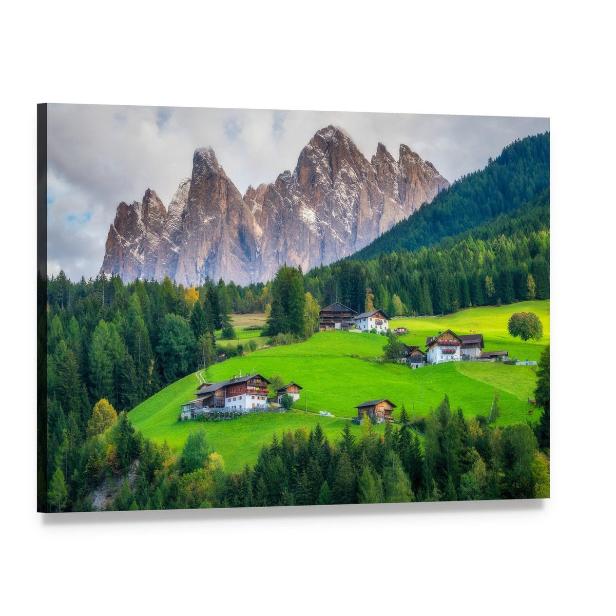 Alpine Mountain Village Scene Canvas Wall Art, single panel gallery wrapped canvas, angled product view