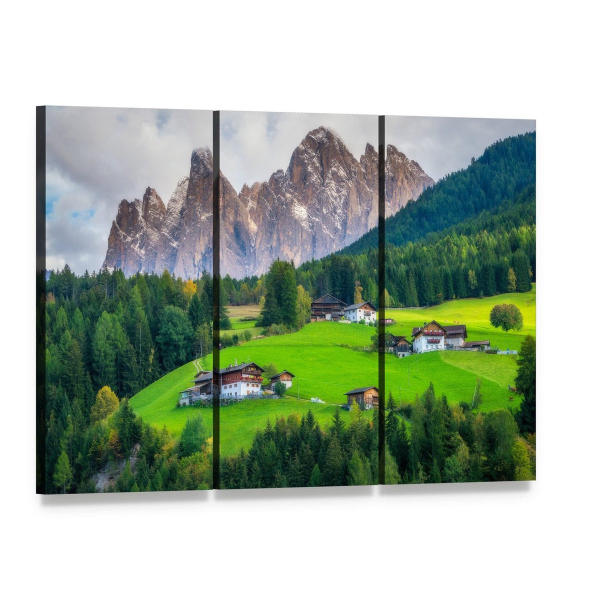 Alpine Mountain Village Scene Canvas Wall Art, 3 panel 3 Horizontal layout gallery wrapped canvas set, angled product view
