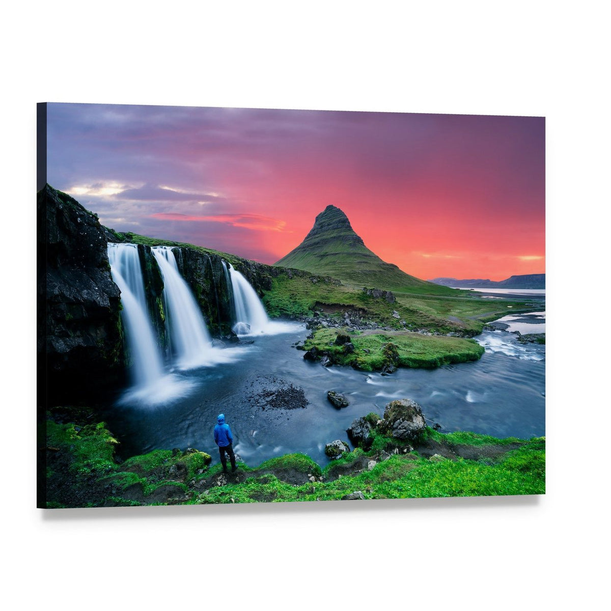 Kirkjufellsfoss Waterfall at Sunset Canvas Wall Art, single panel gallery wrapped canvas, angled product view