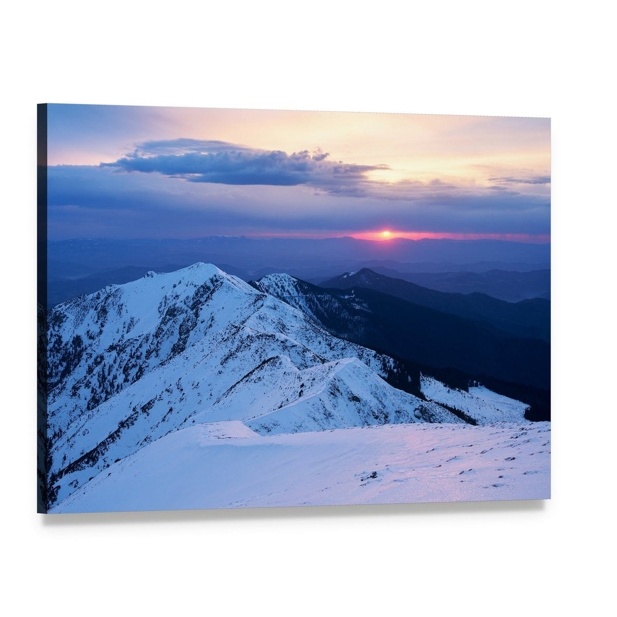 Snowy Mountain Ridge at Sunset Canvas Wall Art, single panel gallery wrapped canvas, angled product view