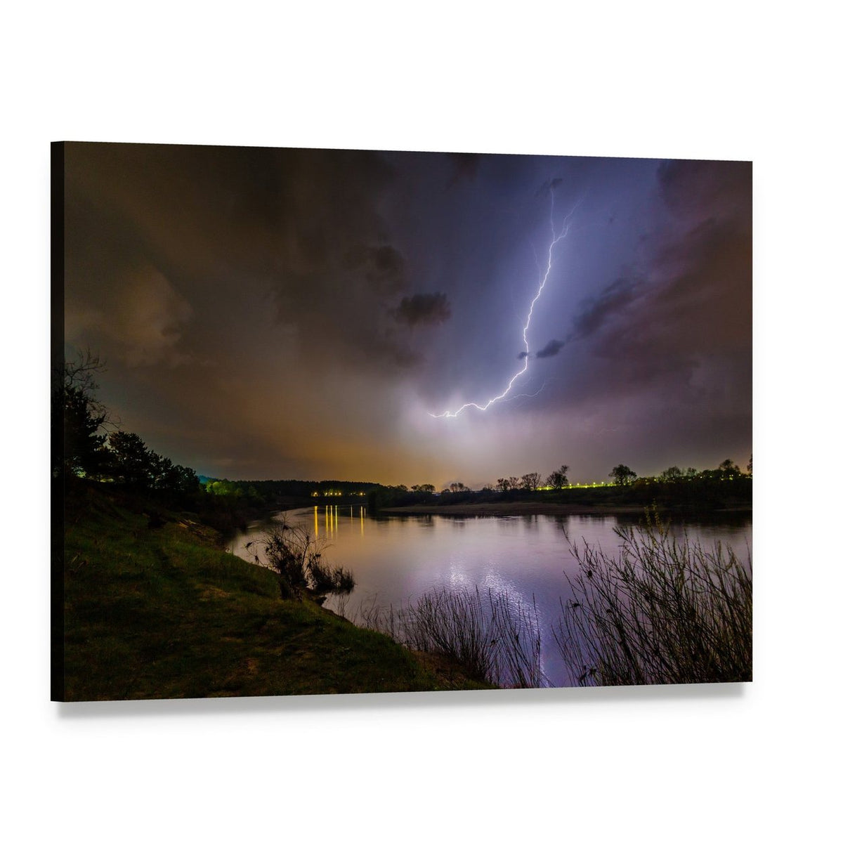 Rain and Lightning Above the River Canvas Wall Art, single panel gallery wrapped canvas, angled product view
