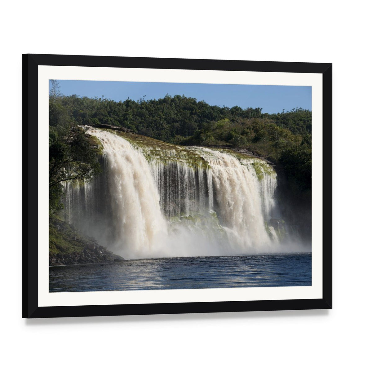 Cascading Waterfall in Lush Forest Canvas Wall Art, framed print with white mat and black frame, angled product view