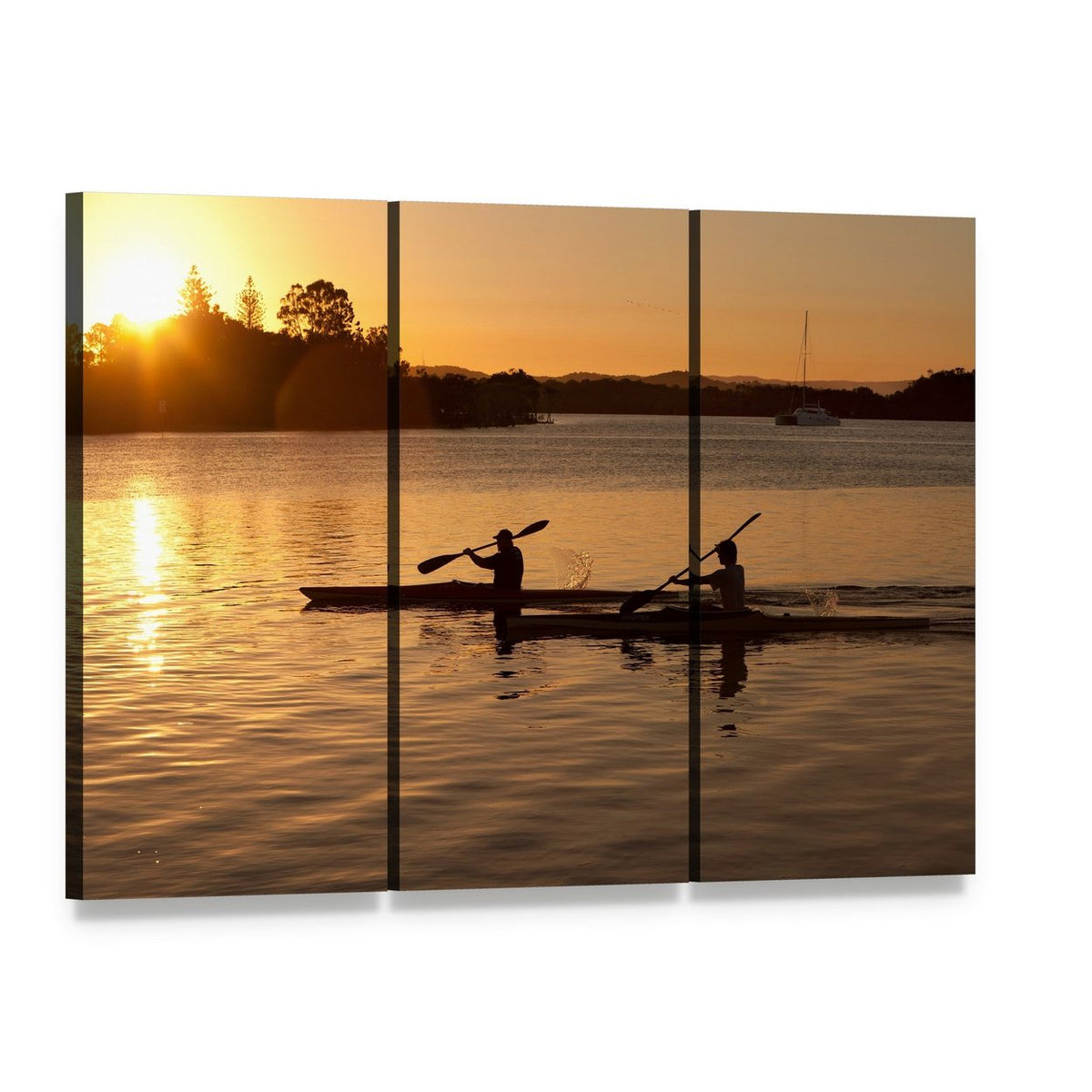 Sunset Kayaking on Calm Waters Canvas Wall Art, 3 panel 3 Horizontal layout gallery wrapped canvas set, angled product view