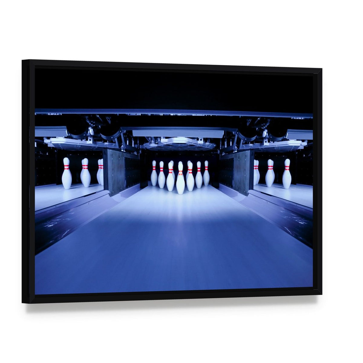 Bowling Pins Canvas Wall Art, framed canvas in a black floater frame, angled product view