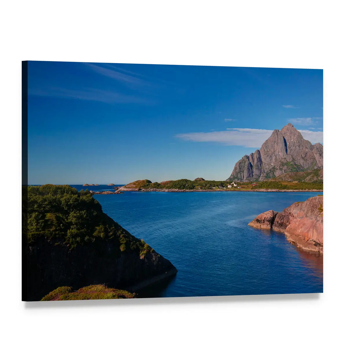 Norwegian Coastal Village Canvas Wall Art, single panel gallery wrapped canvas, angled product view