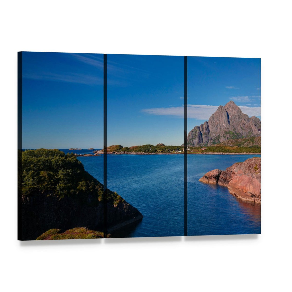 Orsvagvaer Village Coastal Landscape Canvas Wall Art, 3 panel 3 Horizontal layout gallery wrapped canvas set, angled product view
