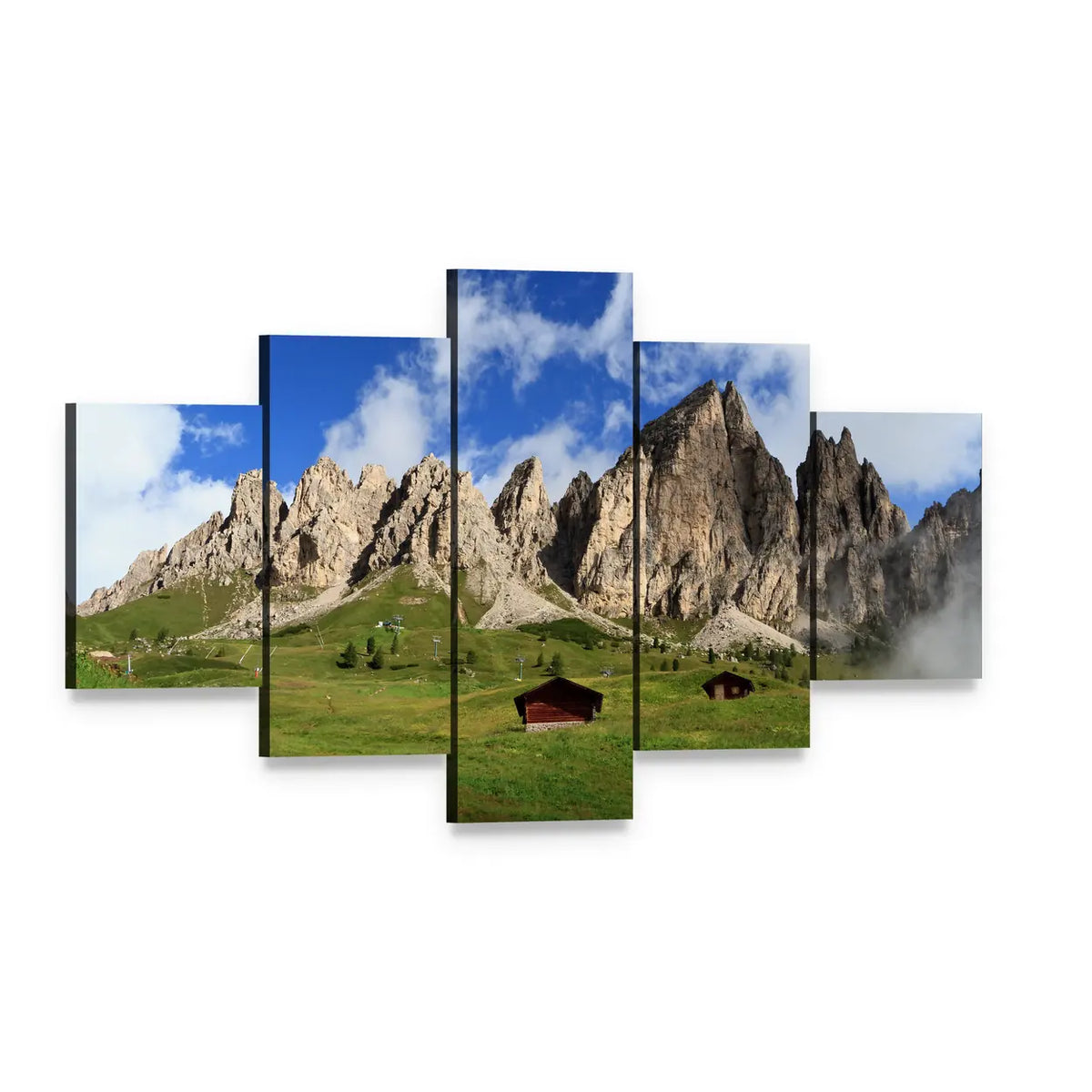 Summer Mountain Meadow with Two Wooden Cabins Canvas Wall Art, 5 panel 5 Star layout gallery wrapped canvas set, angled product view