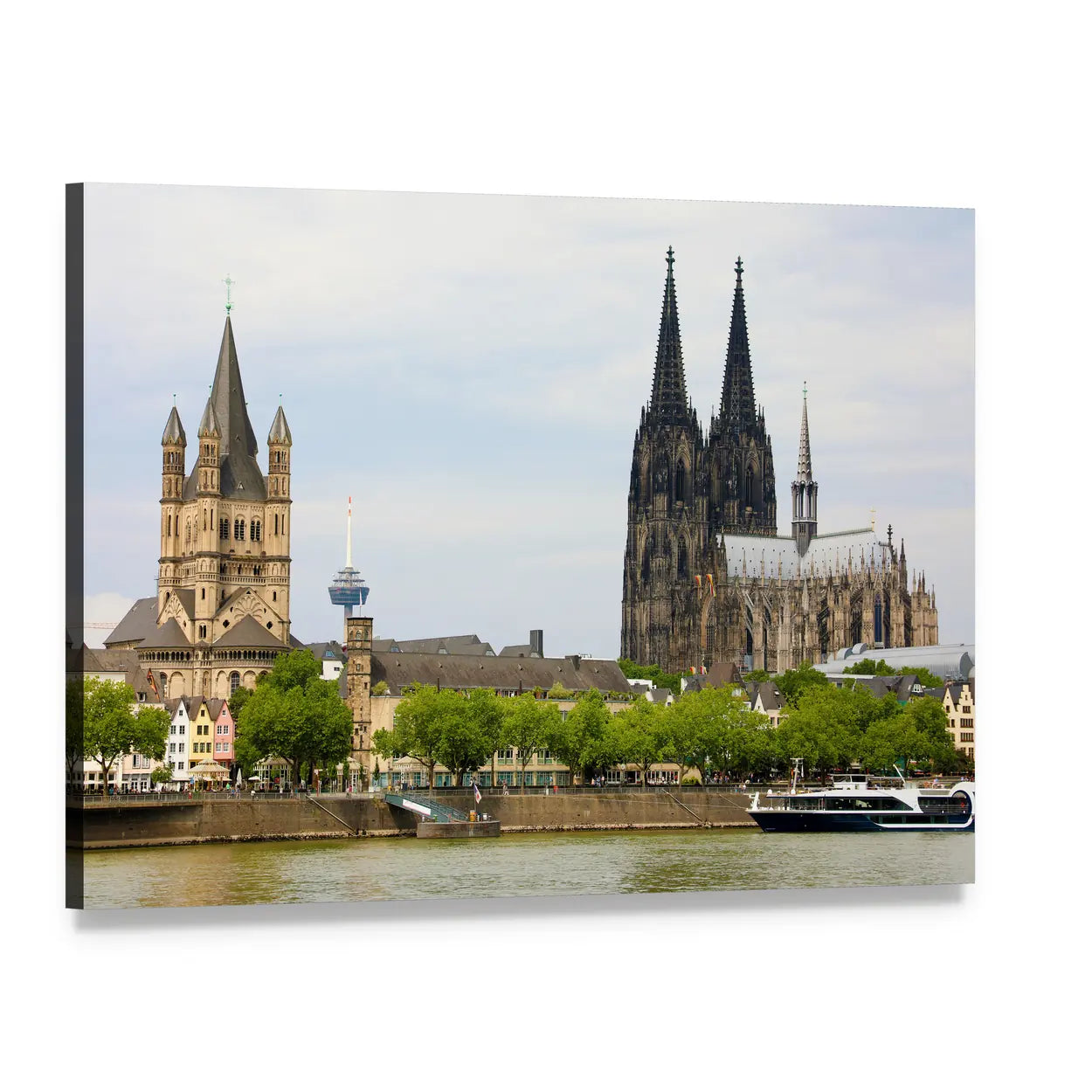 Cologne Cathedral and the Rhine River Canvas Wall Art, single panel gallery wrapped canvas, angled product view