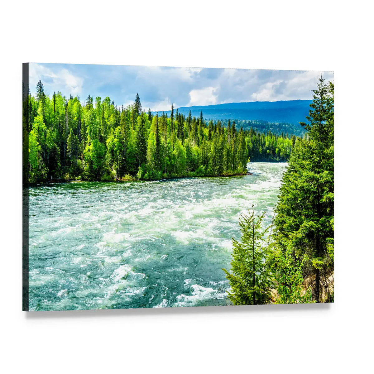 Rushing River Through Evergreen Forest Canvas Wall Art, single panel gallery wrapped canvas, angled product view