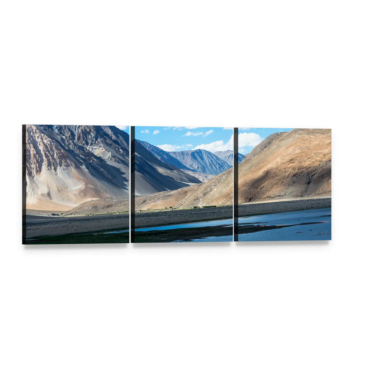 Blue Lake Beneath Sharp Mountain Ridges Panoramic Canvas Wall Art, 3 panel 3 Piece layout gallery wrapped canvas set, angled product view