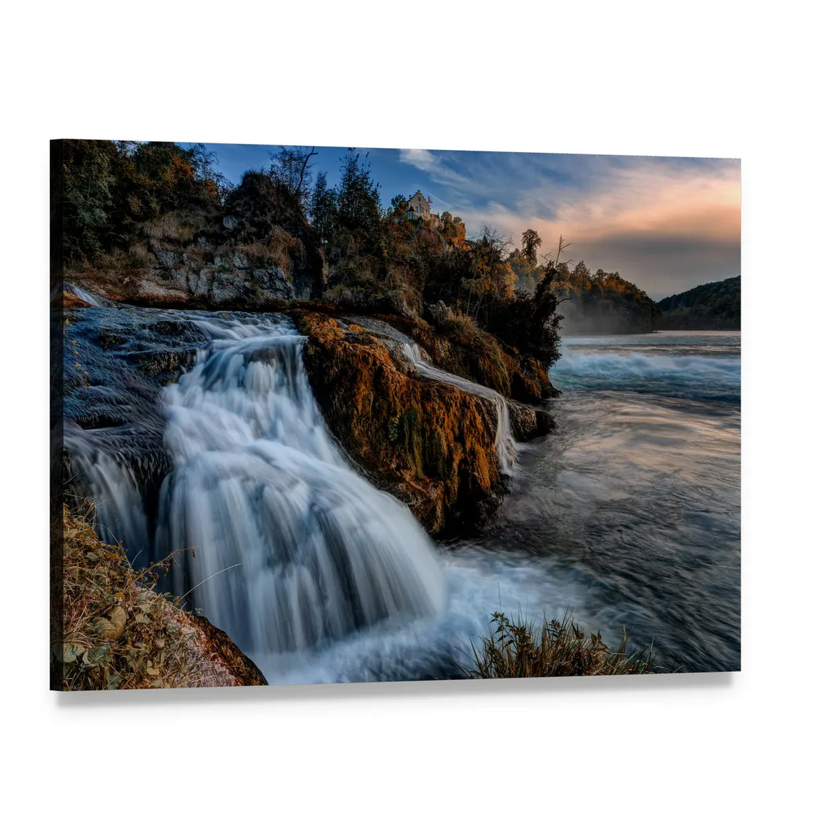 Rhine Falls at Dusk Canvas Wall Art, single panel gallery wrapped canvas, angled product view