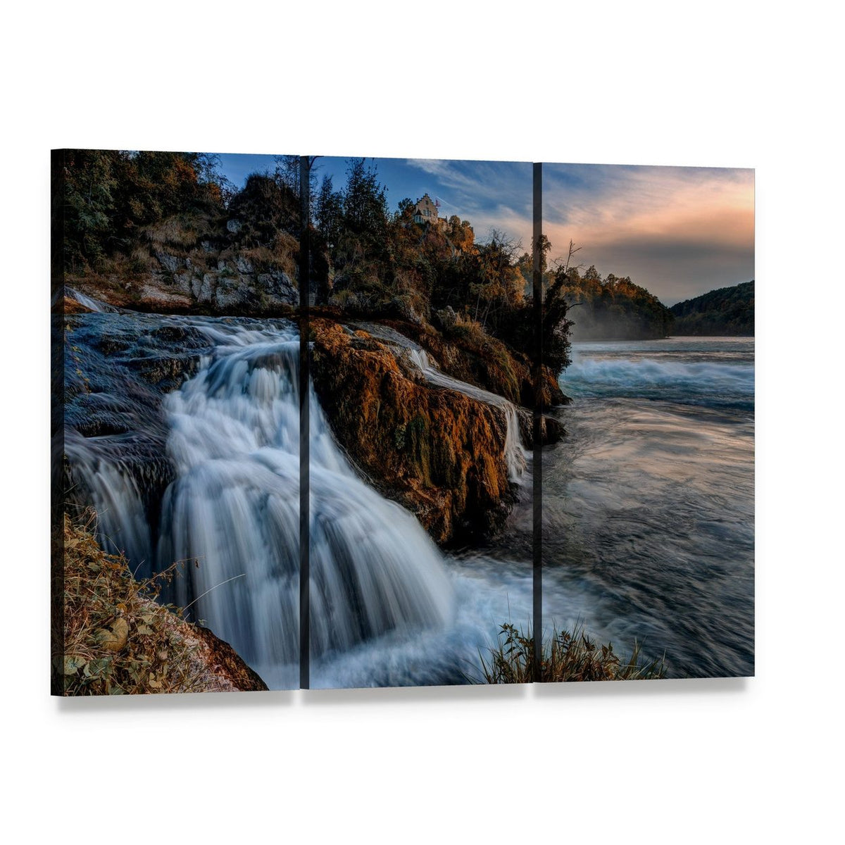 Rhine Falls Waterfall at Sunset Canvas Wall Art, 3 panel 3 Horizontal layout gallery wrapped canvas set, angled product view
