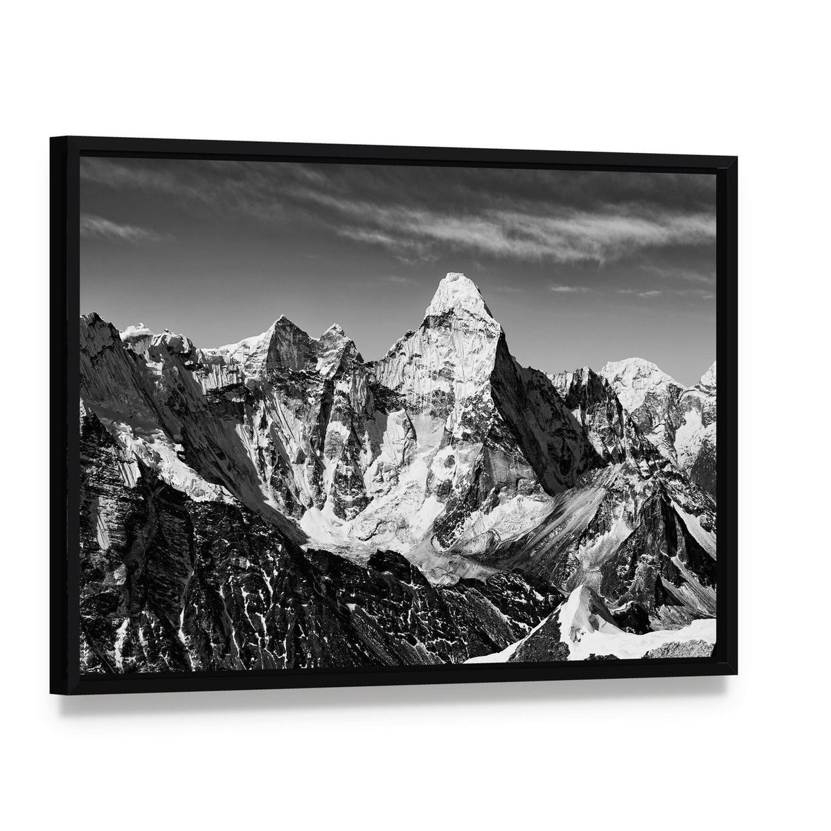 Ama Dablam in Black and White Canvas Wall Art, framed canvas in a black floater frame, angled product view