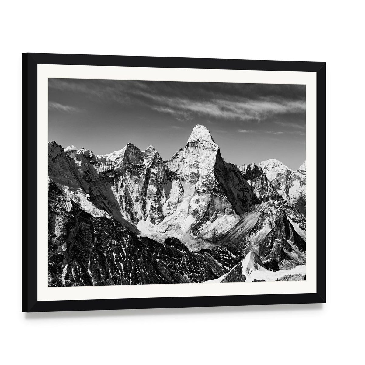 Ama Dablam in Black and White Canvas Wall Art, framed print with white mat and black frame, angled product view