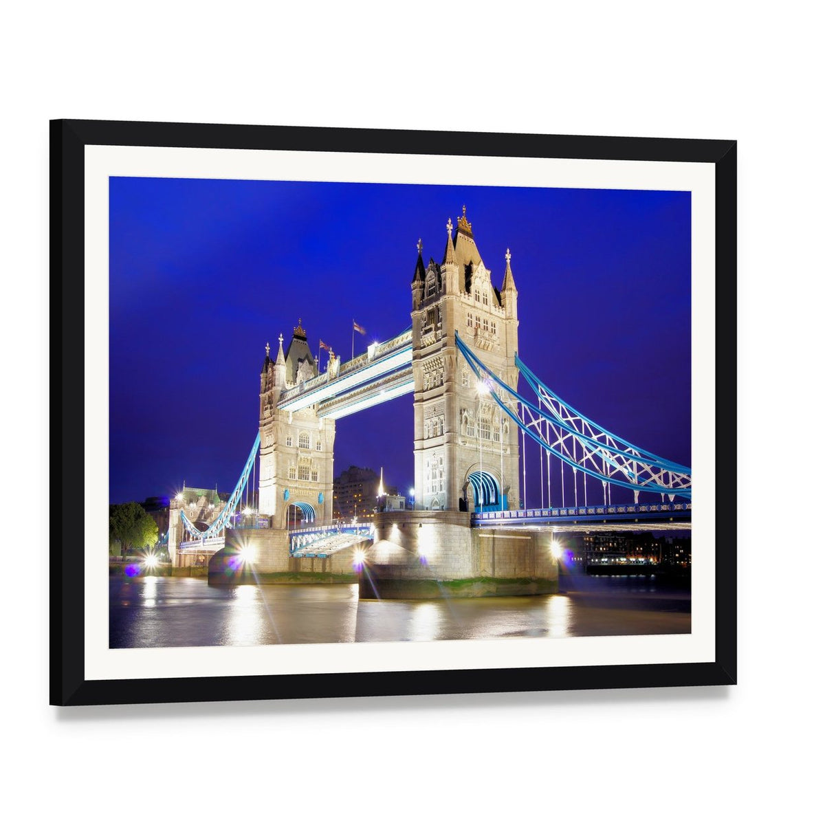 Tower Bridge Over River Thames Canvas Wall Art, framed print with white mat and black frame, angled product view