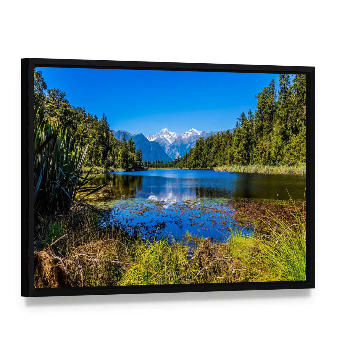 Mount Cook Reflected in Lake Canvas Wall Art, framed canvas in a black floater frame, angled product view