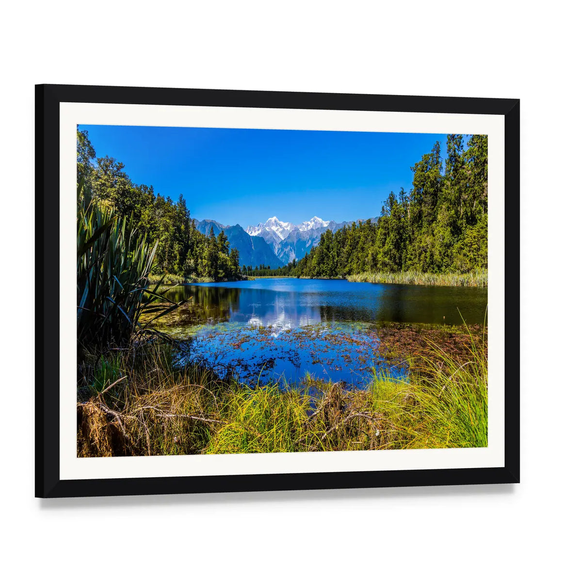 Mount Cook Reflected in Lake Canvas Wall Art, framed print with white mat and black frame, angled product view
