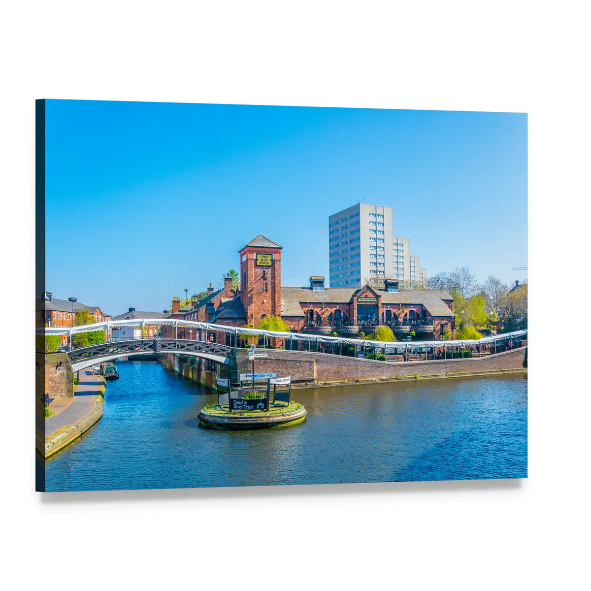 Canal Cityscape with Arched White Bridge Canvas Wall Art, single panel gallery wrapped canvas, angled product view