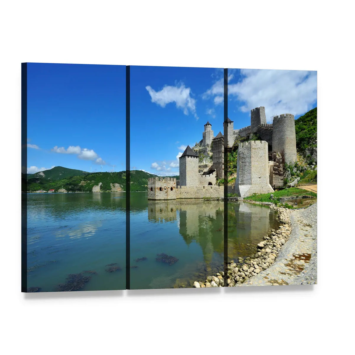 Golubac Castle by Calm Water Canvas Wall Art, 3 panel 3 Horizontal layout gallery wrapped canvas set, angled product view